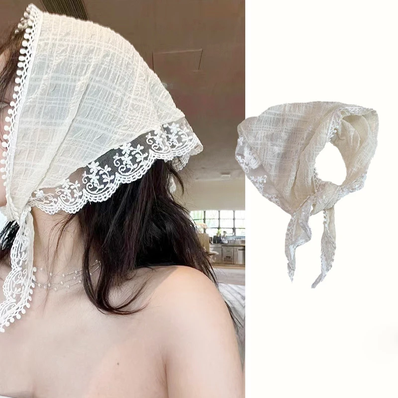 French Embroidery Flowers Beige Head Wrap Bandannas Silk Triangle Scarf Headband Lace Hair Band Headscarf