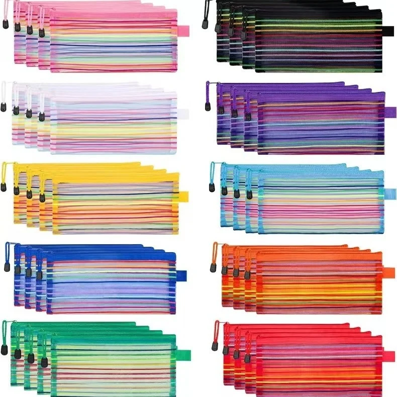 Portable Fabric Pencil Bag for Students Colorful Mesh Stationery File Organizer with Transparent Zipper