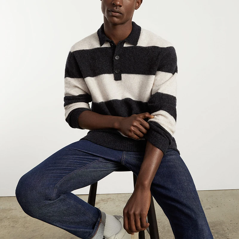 Wholesale custom winter men black and white striped long sleeve polo shirts Stretch Wool Rugby polo neck button Sweater