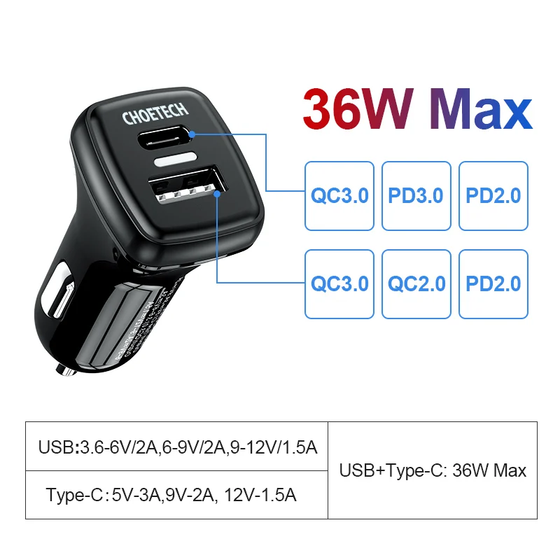 Автомобильное зарядное устройство CHOETECH Quick Charge 3 0 QC USB для Samsung S10 18 Вт автомобильное Type-C iPhone 11 X Xs 8