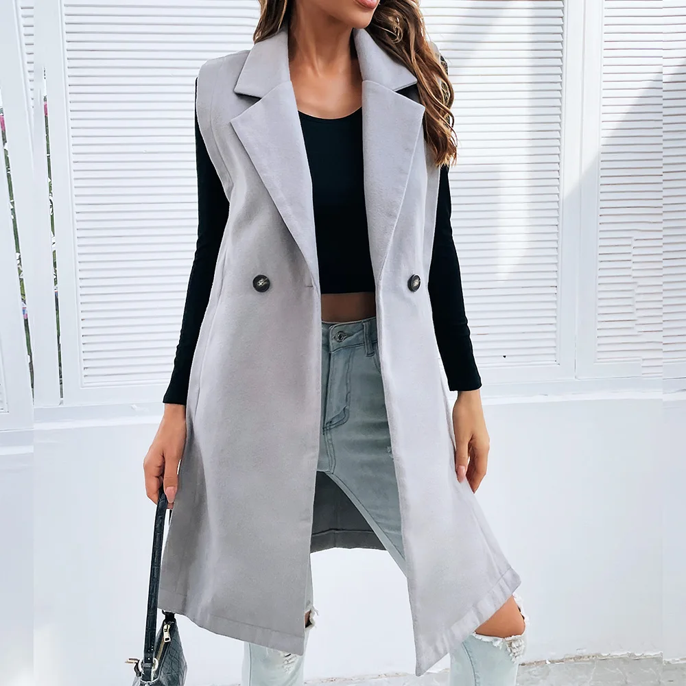 autumn Fashion buttons office women gray Jacket Suit Coat Vest with large lapel side slit