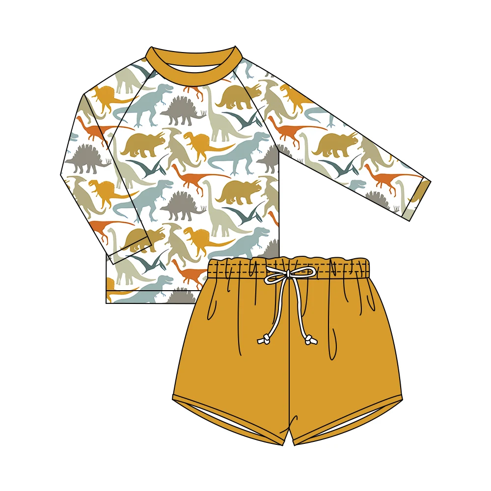 Quick Dry Dinosaurs Long Sleeve Kids Children Swimsuit Boardshorts 2 Pieces Set Baby Toddler Boys Swimwear