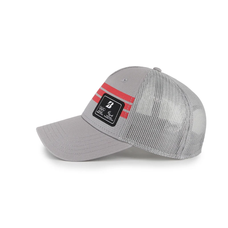 5 panel  trucker hat with custom logo  Stripe print with woven label patch