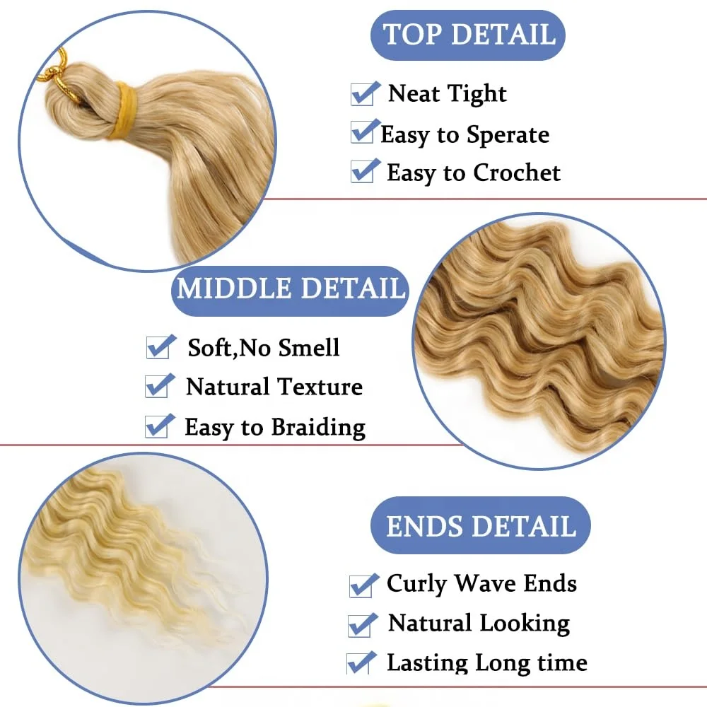 G&T Deep Wave Crochet Hair Extensions for Black Women Synthetic Ocean Wave Curly Braiding Hair Dyed Single Weft Wig