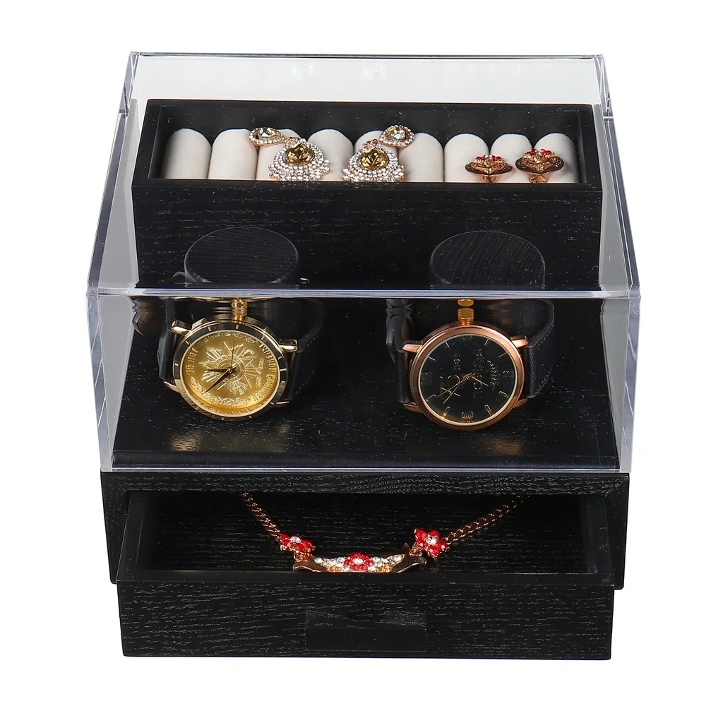 Factory Direct 2 Slot Wooden Watch Display Case Luxury Gift Wrist Watch Storage Box with Acrylic Clear Lid