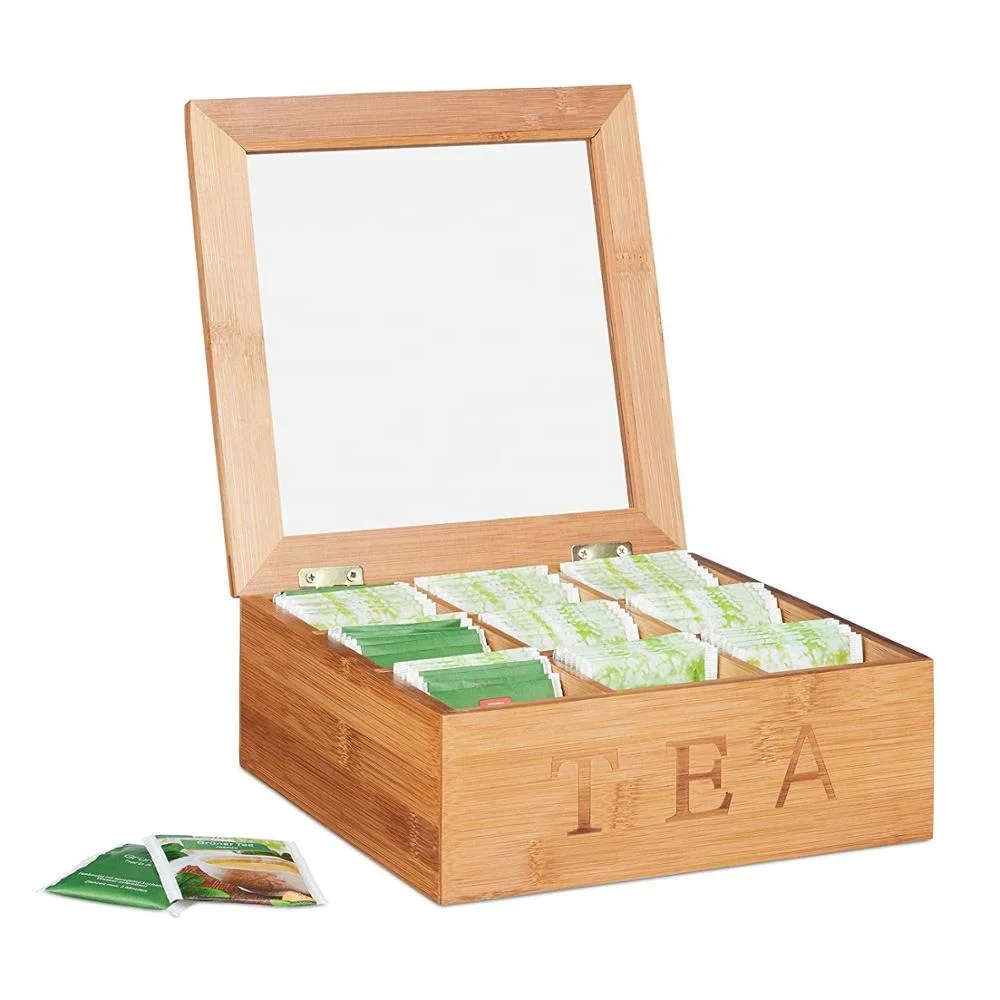 
Natural Bamboo Tea Box Storage Organizer- 9 Compartments Tea Bag Holder with Clear Glass Lid 
