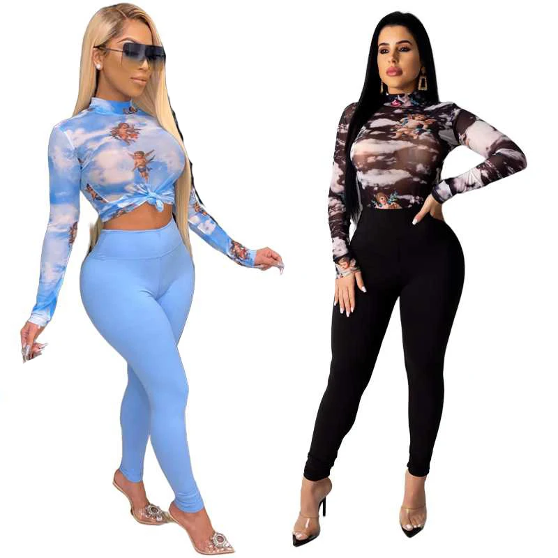 Женский трикотажный костюм из двух предметов, облегающий топ и брюки с принтом, осень 2021
