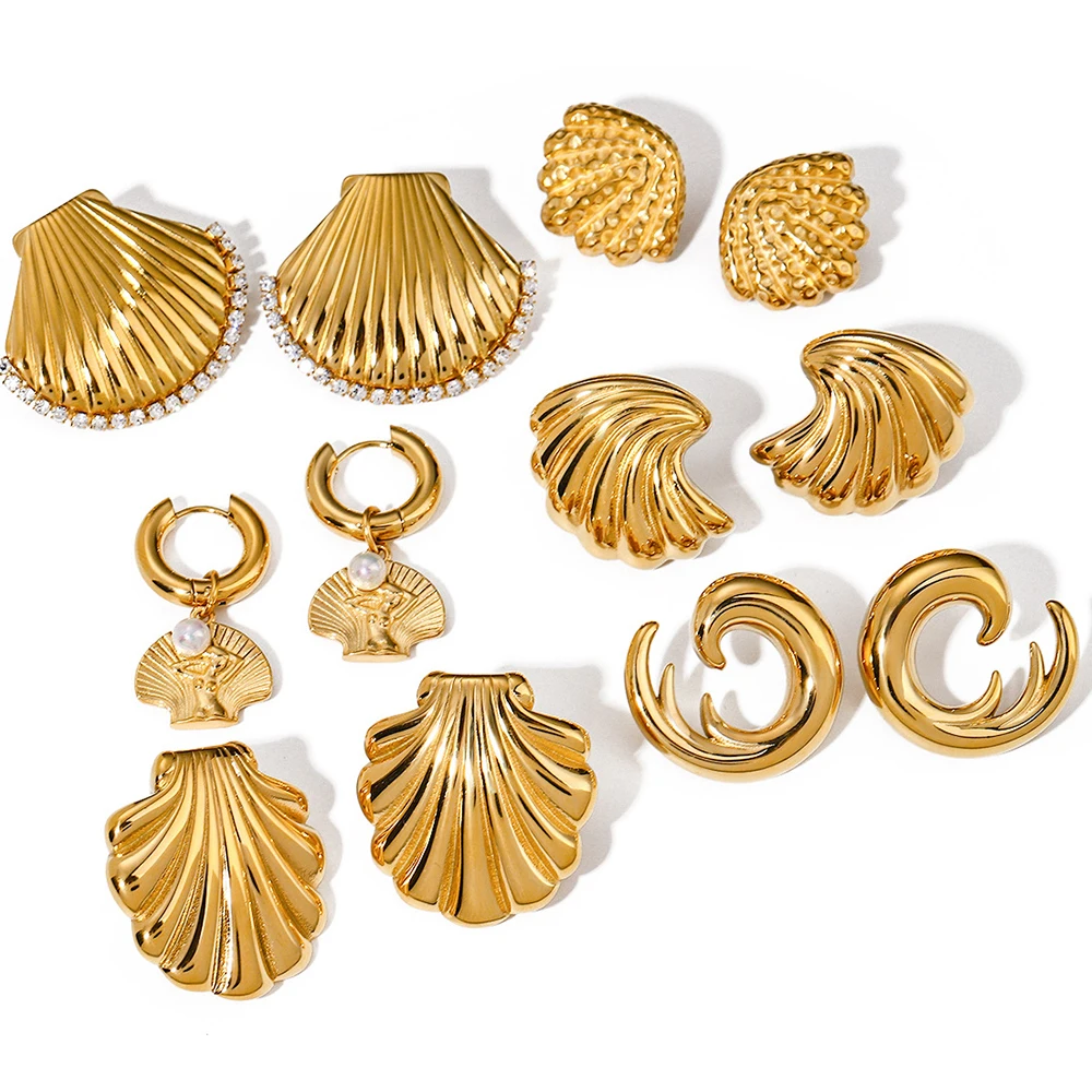 Fashion Stainless Steel Waterproof Gold PVD Plated Spiral Shell Charm Stud Earrings Summer Holiday Jewelry For Women