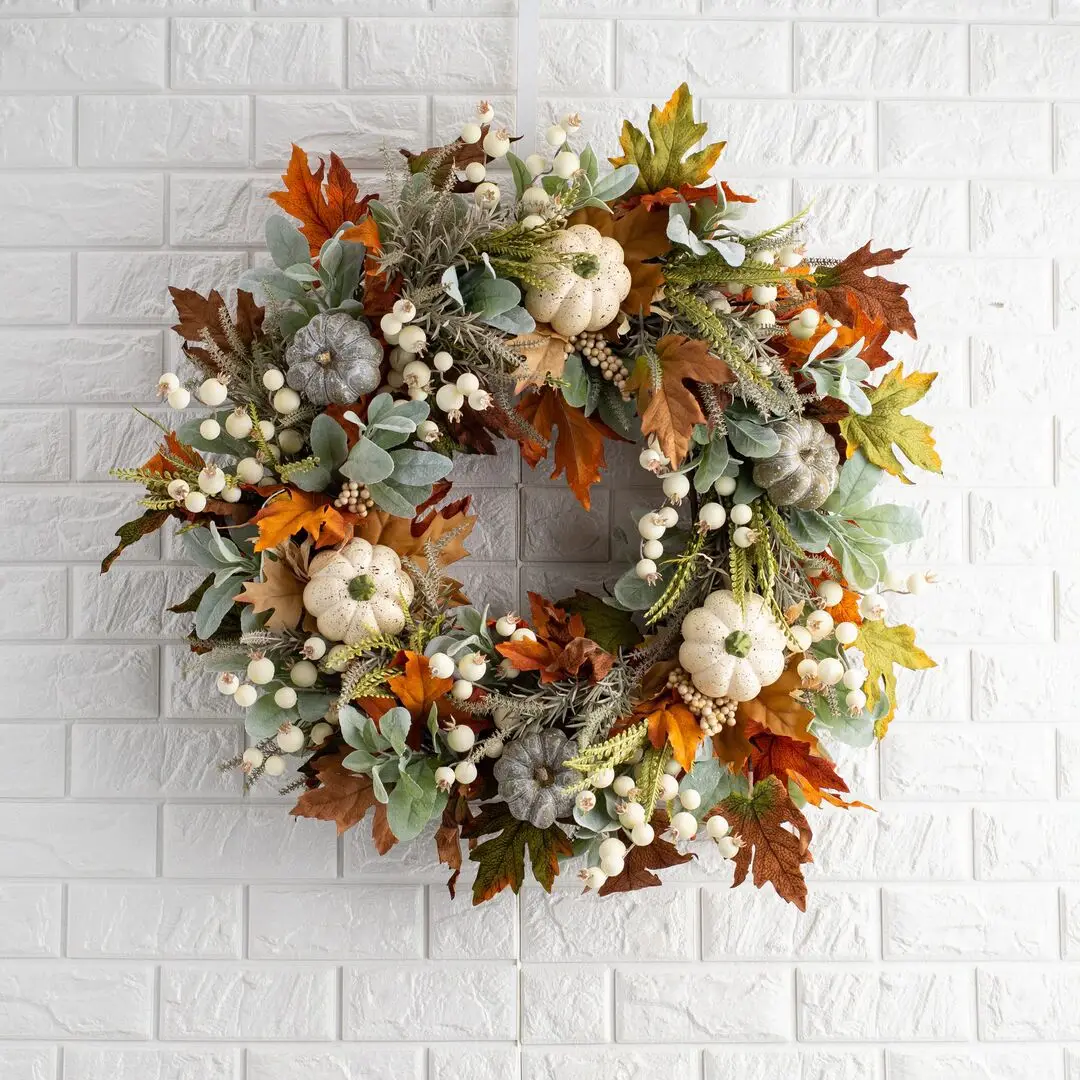 Fall Harvest Wreaths Prelit Pumpkin Garlands Maple Leaves Berry Thanksgiving Autumn Fall Wreath for Front Door Artificial Wreath
