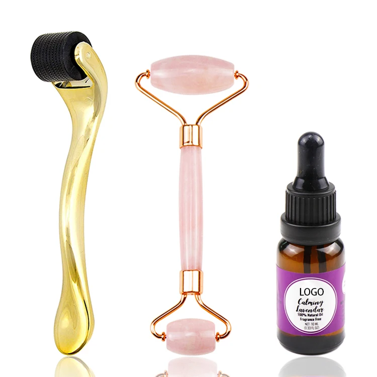 Micro Needles 0.5 mm Derma Roller Microneedling Kit For Skin Care Set Rose Quartz Jade Roller & Serum