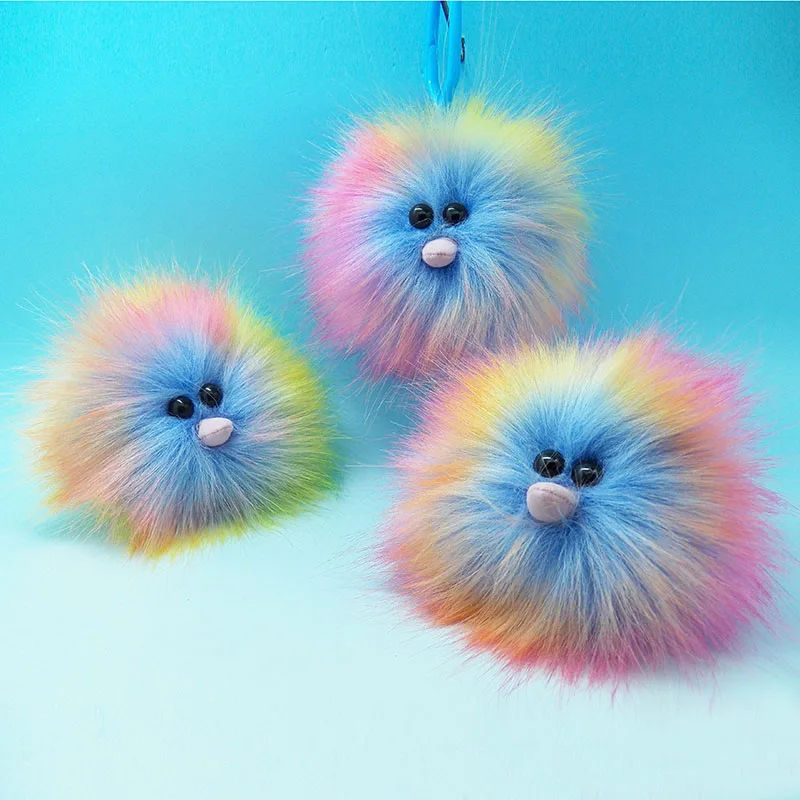 New cute rainbow ostrich soft fluffy fox fur plush ball pompom pendant plastic keychain gift car pendant