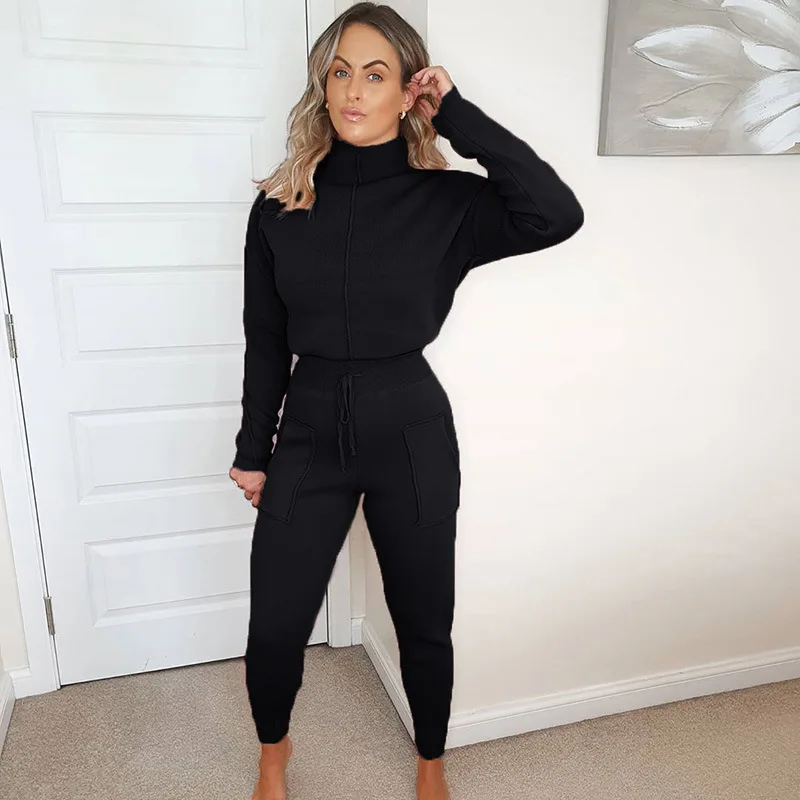 Wholesale two-piece set 2021 new fashion all-match high-neck cropped sports casual simple style sweater suit