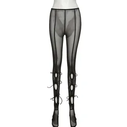 Womens Trousers Sexy Hole String Nightclub Pants See Through Mesh Pants