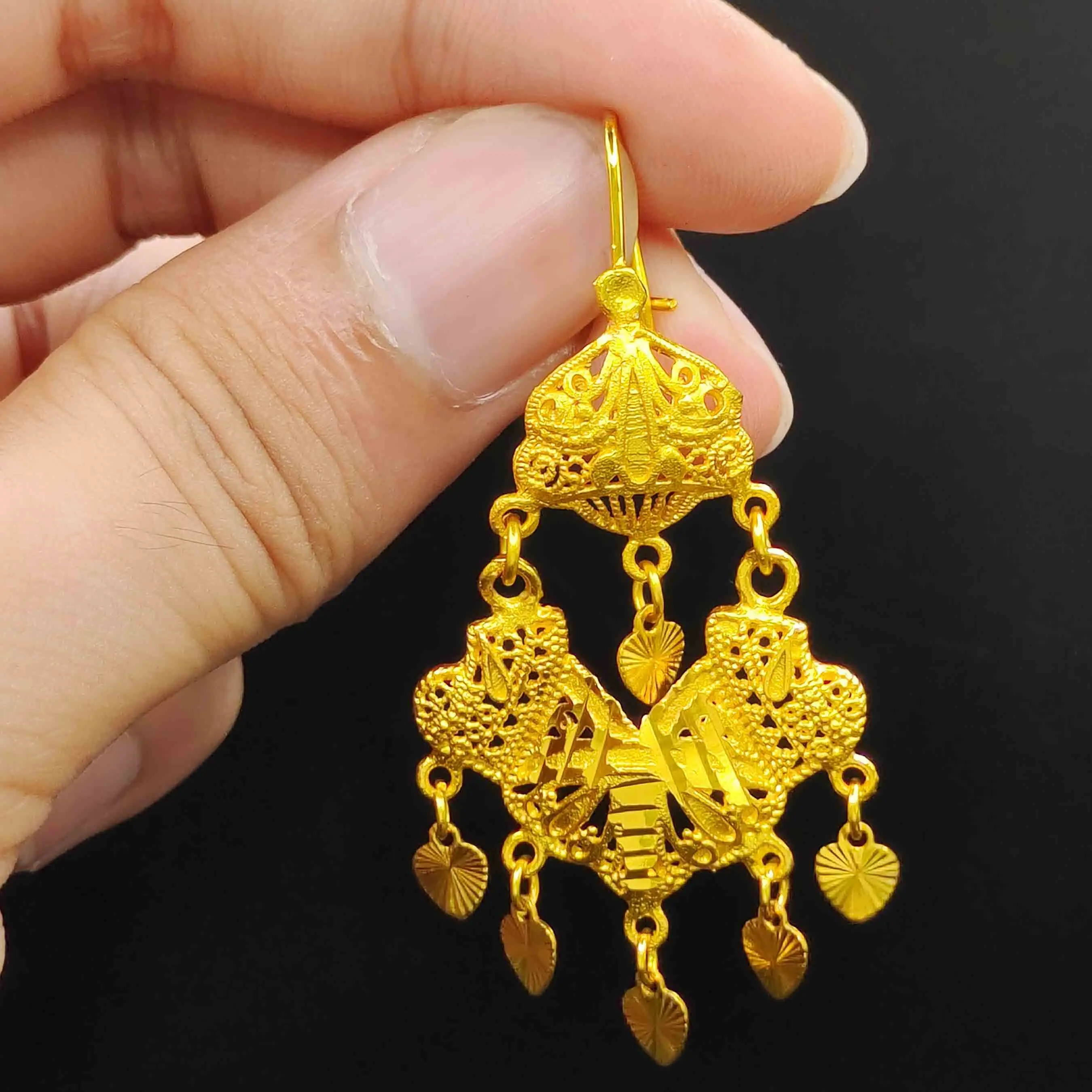 Wholesale Indian Wedding Decoration Copper Dubai Gold Plated Tassel Pendant Hook Piercing Earrings For African Women