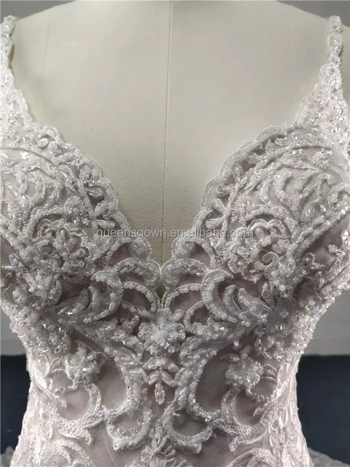 Mermaid spaghetti straps sleeveless  deep v neck beautiful lace wedding dress