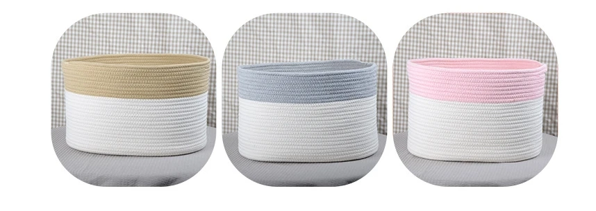 Custom Brand Round Toys Clothes Decorative Containers Hand Woven Cotton Rope Storage Laundry Basket With Leather Handles