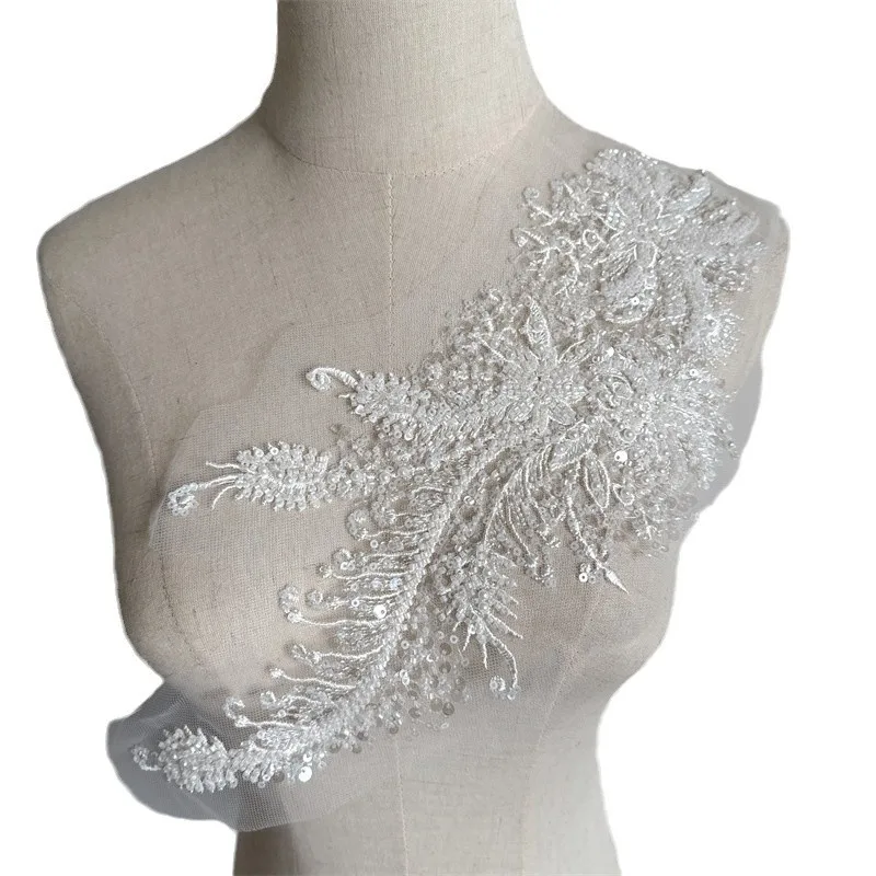 1 Piece White Flower Beaded Embroidery Sew on Organza Patches Applique for Wedding Dress