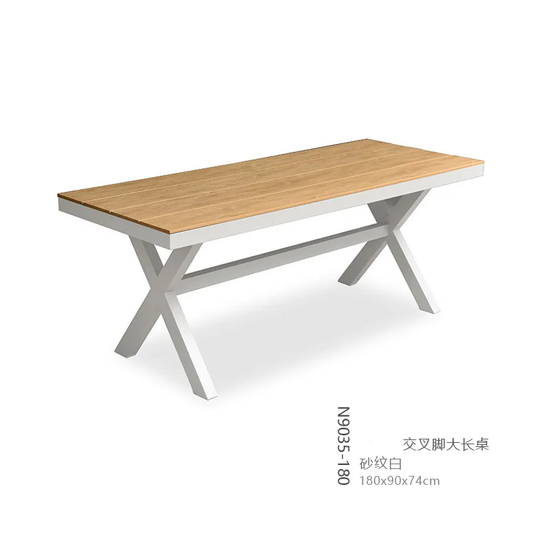 outdoor dining180 cm table sets  4 people garden furniture white color aluminum frame , plastic wood top table and  rope chairs