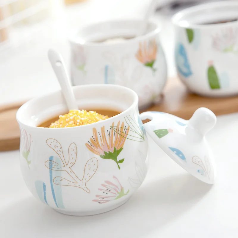 
Nordic ceramic seasoning jar set with spoon and lid and Iron frame seasoning box salt shaker sugar bowl pepper shaker wholesale 