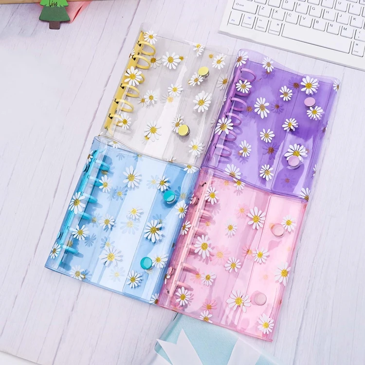 A7 Binder Cover Daisy Journal PVC Refillable Notebook Shell Clear Planner Cover Double Snap Button Closure Loose Leaf Case