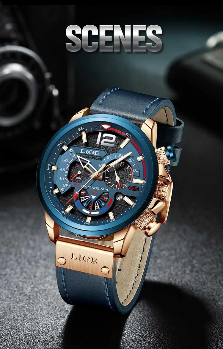 LIGE LG8959 new arrival blue male quartz watch low cost PU leather band 3 dials chronometer old sports hand watch