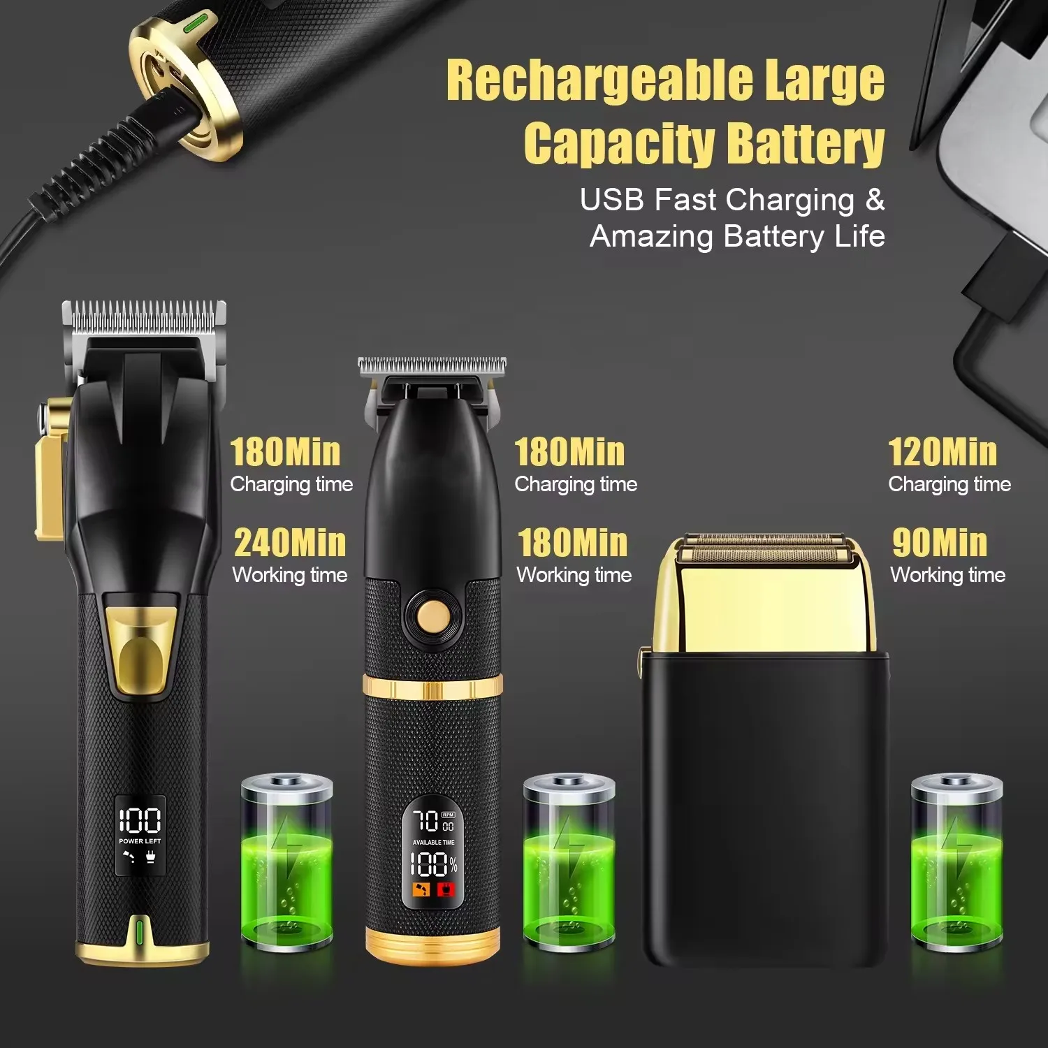 Multi Pro Black Gold Three Piece Set Electric Hair Clippers Rechargeable Shaver Low Noise for Men Cordless Customized Logo