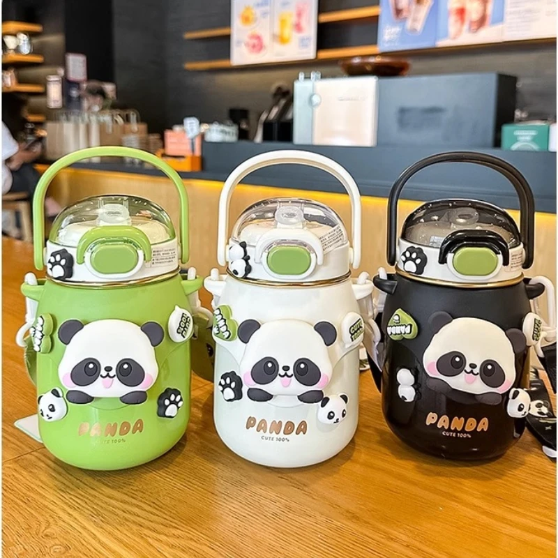 Md273 School Drinking Pot New Panda Straw Vacuum Adjustable Strap Belly Insulation Cup For Kids