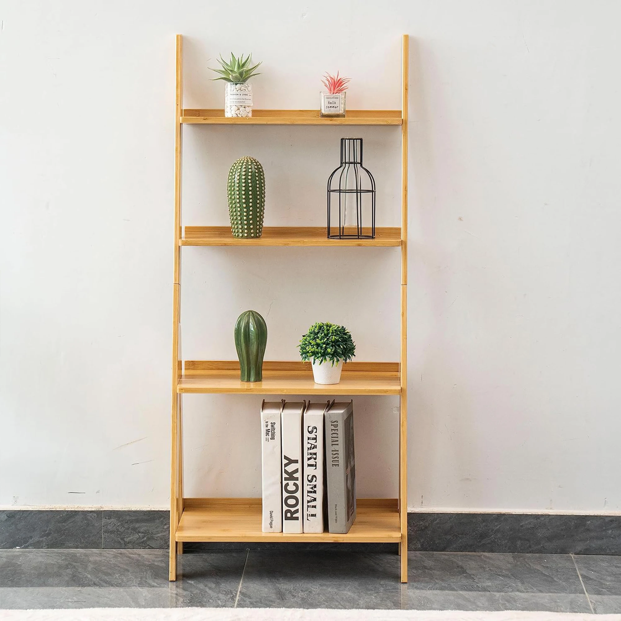 High Standing Wall Bookcase Bamboo Wooden Tilting Bookcase Organizer Living Room 4-Storey Bamboo Wooden Ladder Bookcase