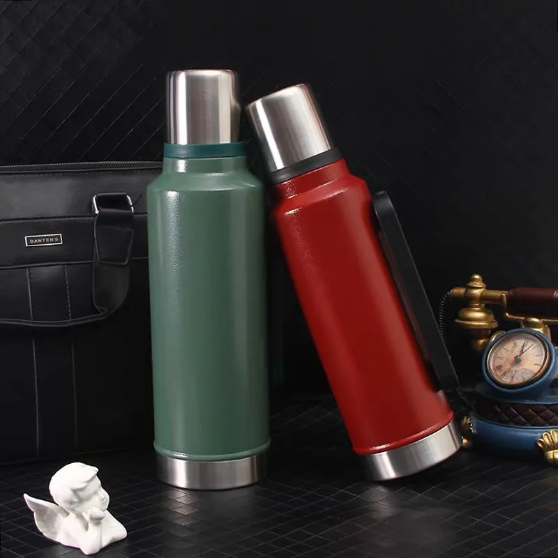 Thermo with Handle Hidden Strap thermo Classic Silver Vacuum Insulated Wide Mouth Bottle-1L Capacity
