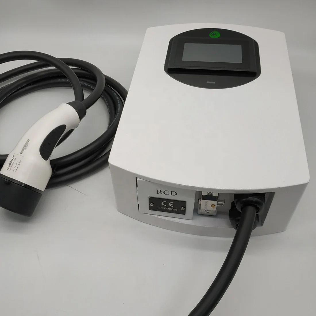 
22KW 400V 32A wall box charging pile with tethered 5m cables,type 2 plug,touching screen and type B RCD for EV,OEM 