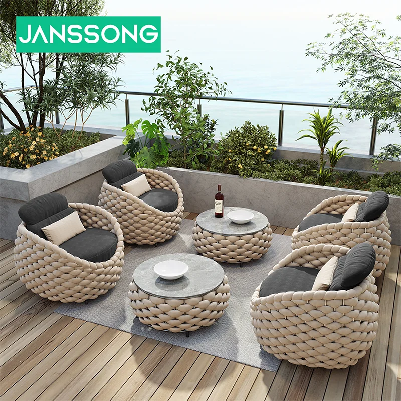 Modern Villa Courtyard Hotel Garden Set Metal Aluminum Frame Fabric Waterproof Cushion Patio Furniture Rope Outdoor Sofa