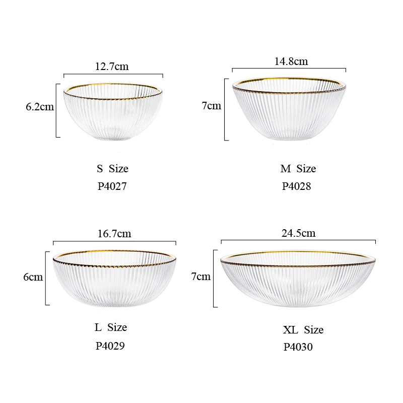 Wholesale European Popular Round Glass Bowl Set Vertical Stripped Bowl with Gold Rim for fruit dessert salad noodles
