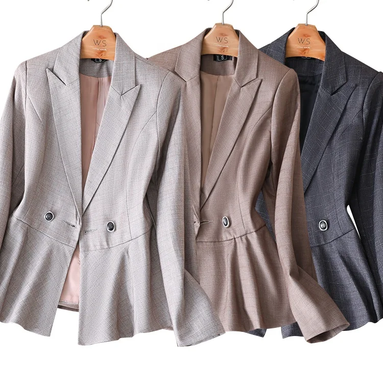 
notched lapel collar office blazer with double breasted casual office business work suits Jackets hem peplum jacket for women 