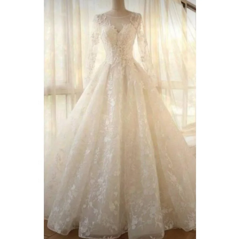 2024 Elegant Boho Lace A Line Wedding Dress Sheer round neck Long Sleeves Vintage Bohemian Full Lace Western Bridal Gowns