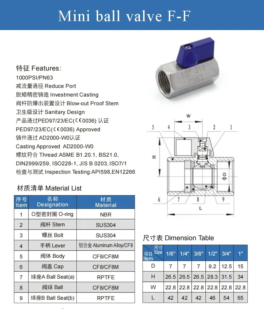 Instrument compact Ball Valve Shutoff valve Stainless Steel Mini Ball Valve 1/4 with Handle for Gas/Water/Oil