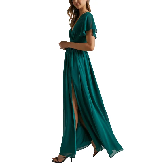 Emerald Green Dress Deep V Neck Ruffled Pleated Skirt Sexy Short Sleeve Party Maxi Dress