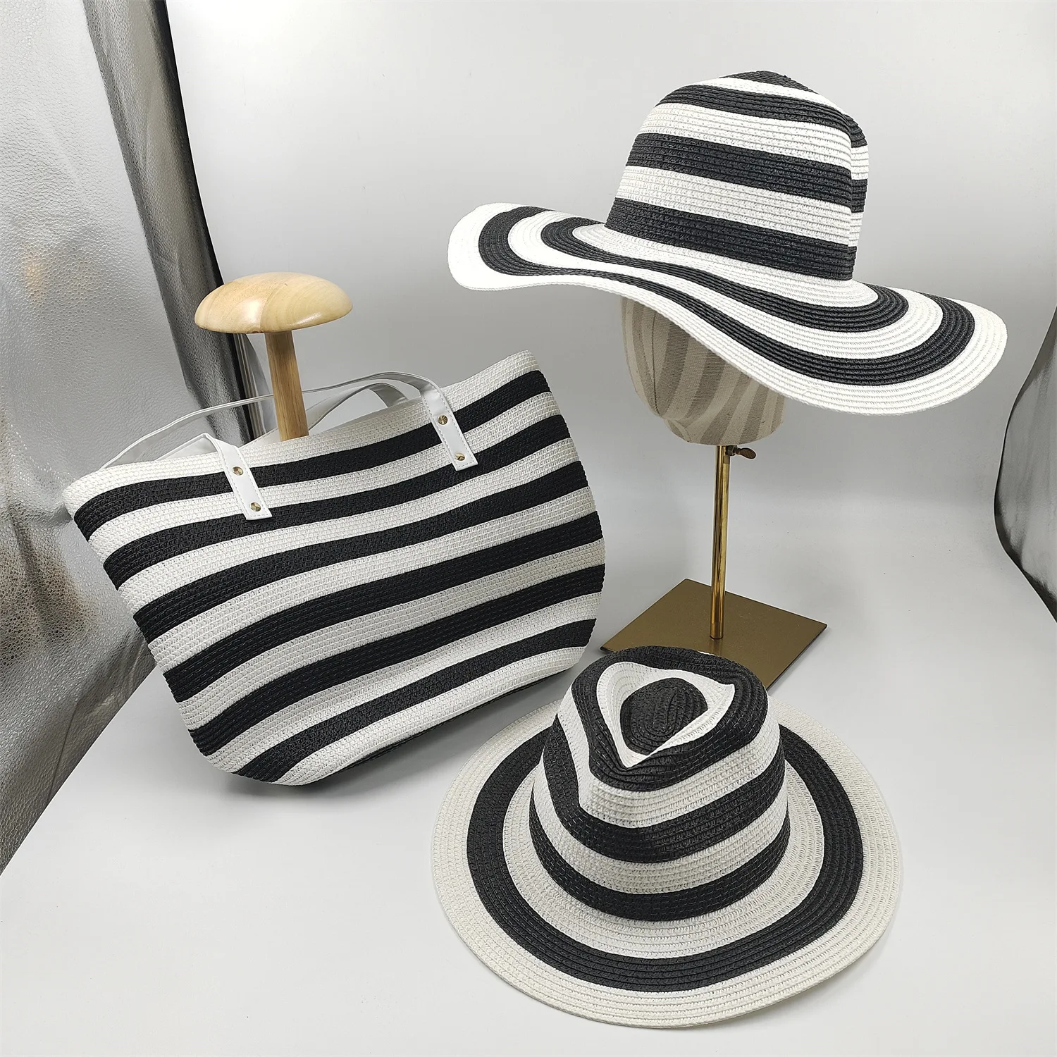 Summer Foldable Large Brim Striped Straw Hat And Woven Bag Set Men Women Outdoor Breathable Beach Sun Shade Jazz Hats