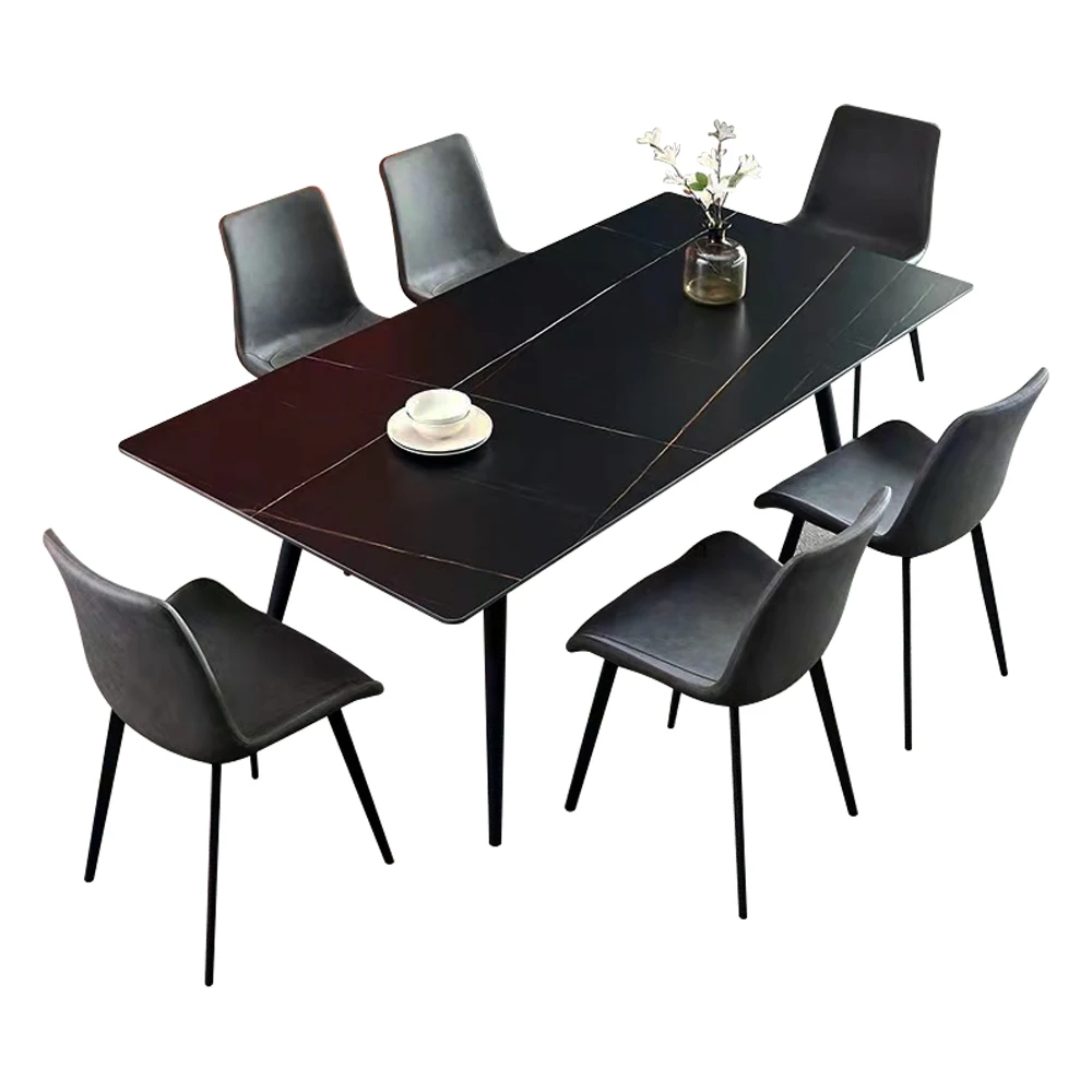 Modern elegant 6-Seater Black Sintered Stone Dining Table With Metal Feet