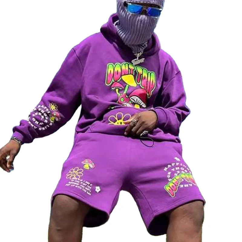 Custom Streetwear two piece workout track suit unisex hoodie short set tracksuit for men