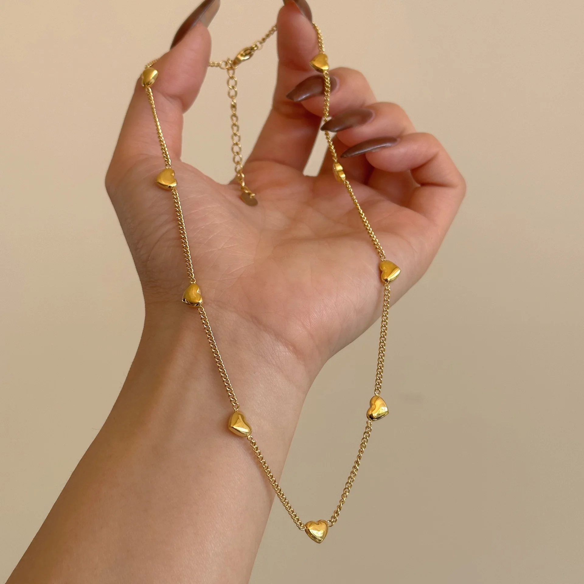 Three Dimensional Multi Heart 925 Sterling Silver Gold Plated Beaded Sweater Necklace