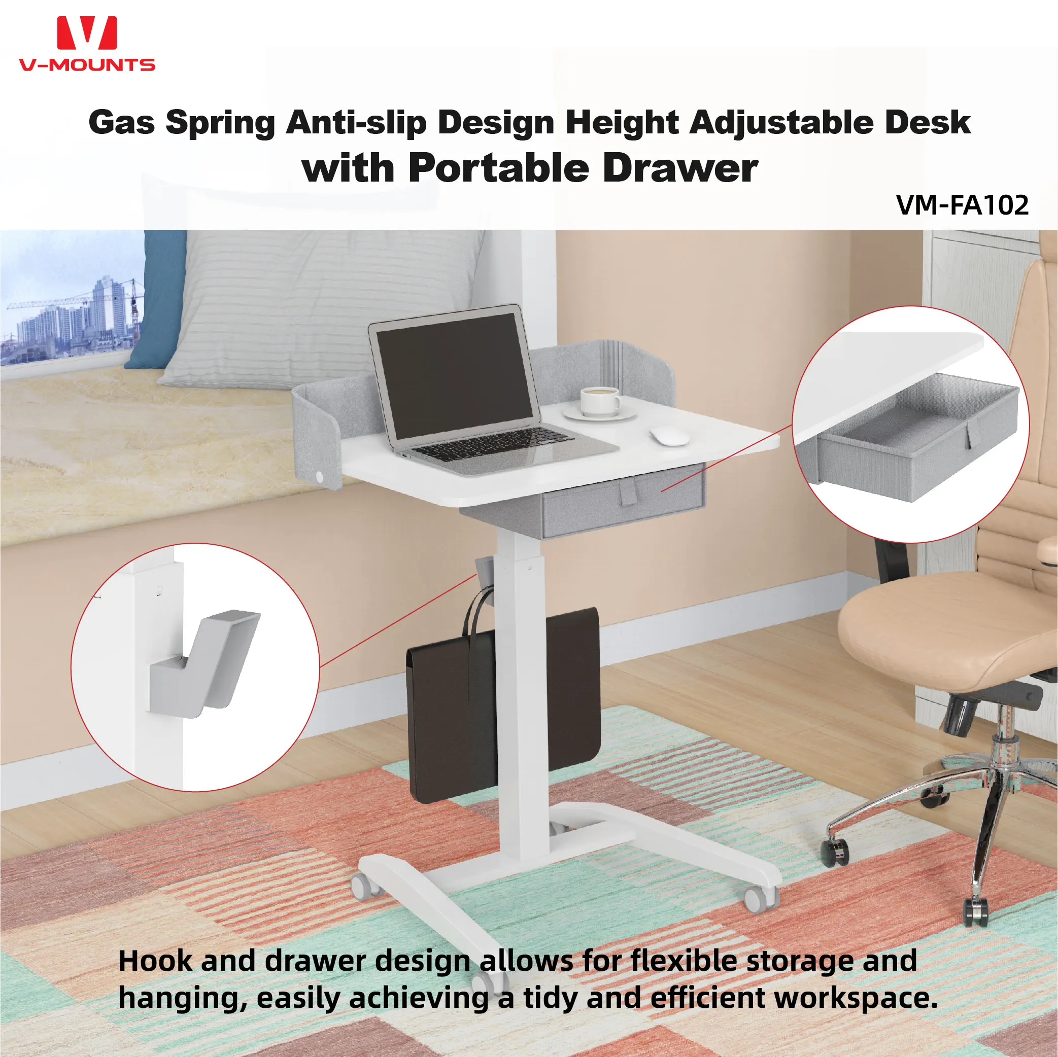 V-mounts Height Adjustable Office Standing Des Gas Spring Mobile Movable Desktop Equipped With Fabric Drawers VM-FA102