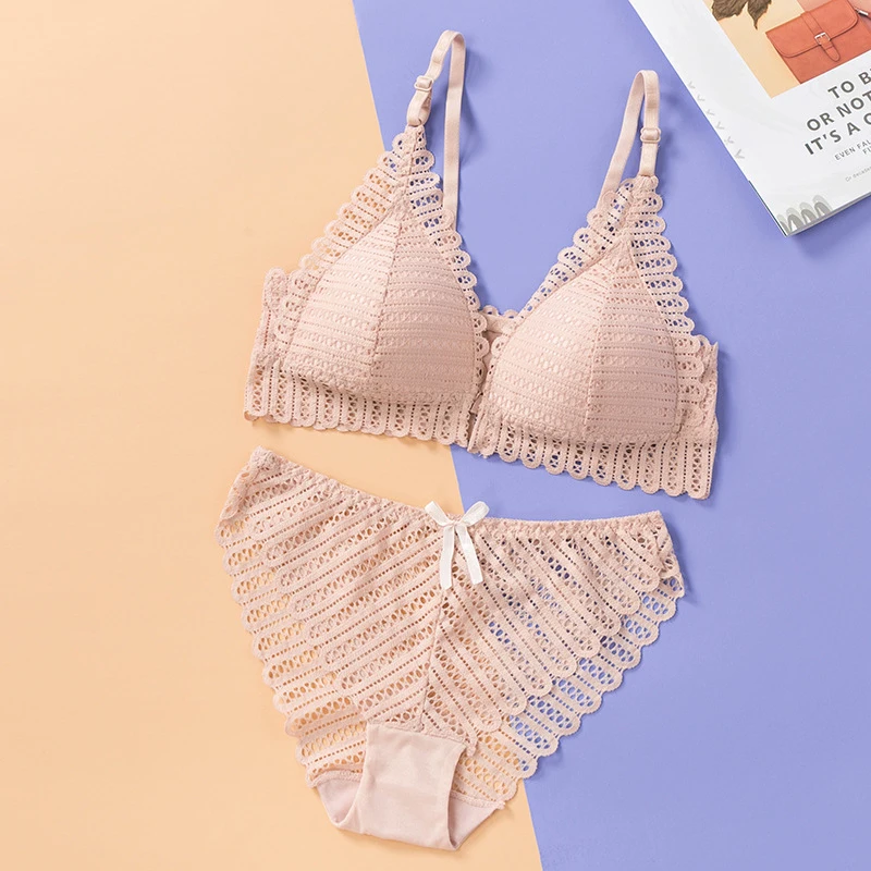 Ladies Sexy Lace Gather Underwear Big Size Bra Set Thin Cotton Cup Bra and Panties Lace Lingerie Bra Set Transparent Plain Bow