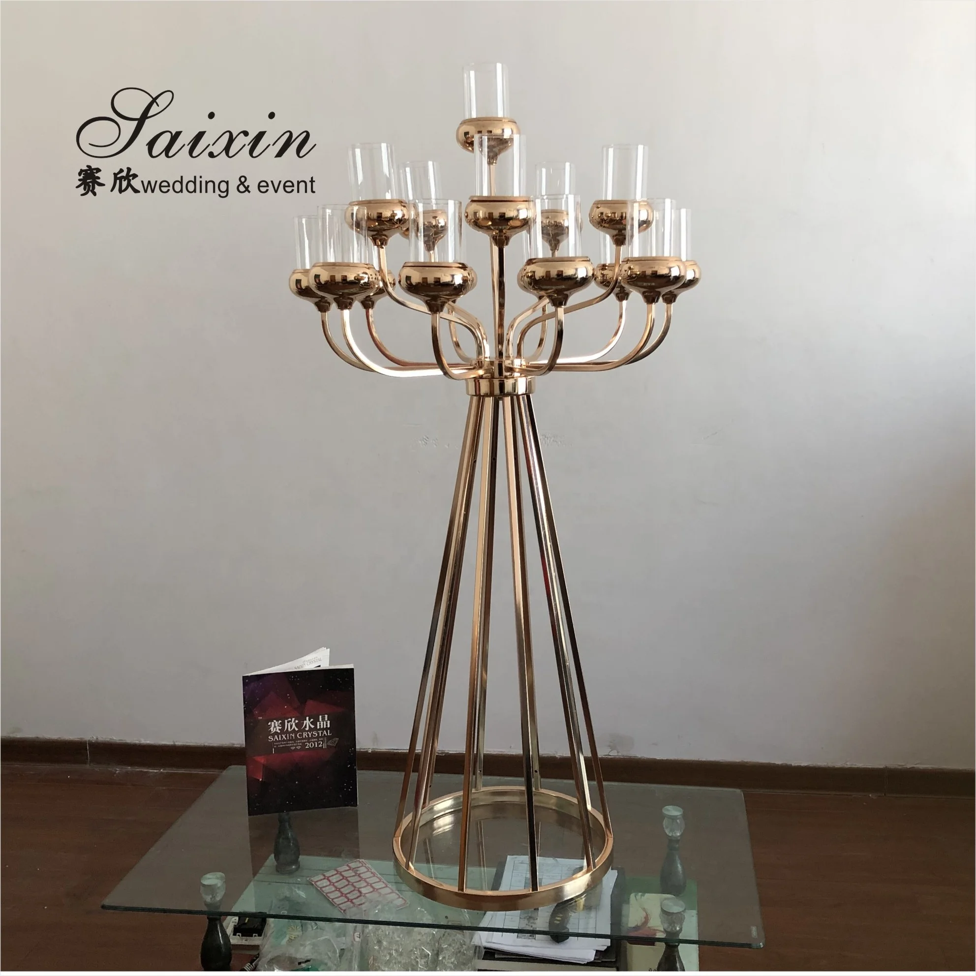 New ZT-398 unique 15 arms silver Metal wedding table candle stand