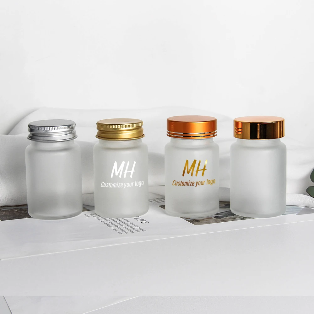 2oz 3oz 4oz Frosted clear Pharmaceutical Pill Jar Round Capsule medicine Glass Bottle for Healthy Supplement with Aluminum Cap