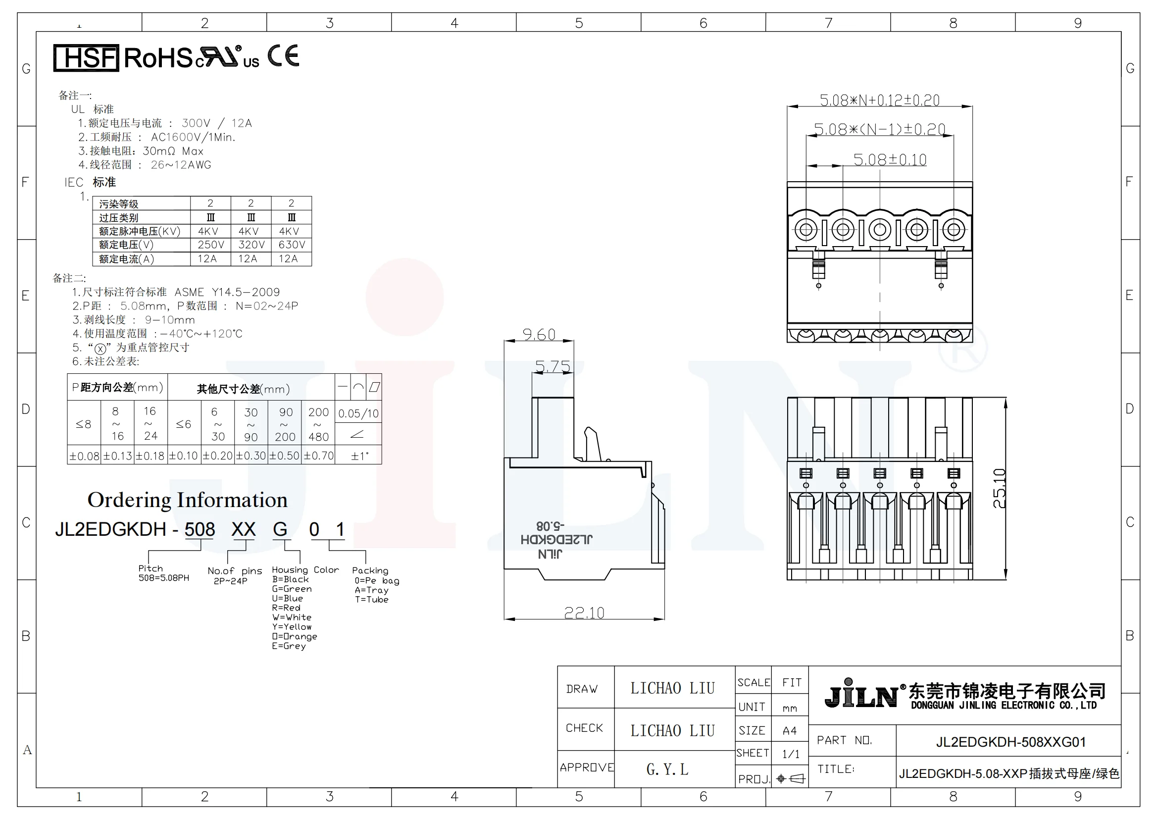 JiLN wholesale 5.08 mm pitch 22.1mm width female type straight angle customised pluggable terminal blocks on PCB