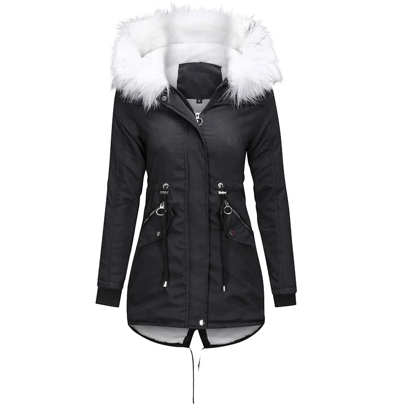 
2019 New Arrivals Wholesale Fashion Womens Winter Long Coats Faux Fur Lining Outwear Jacket with Hood 