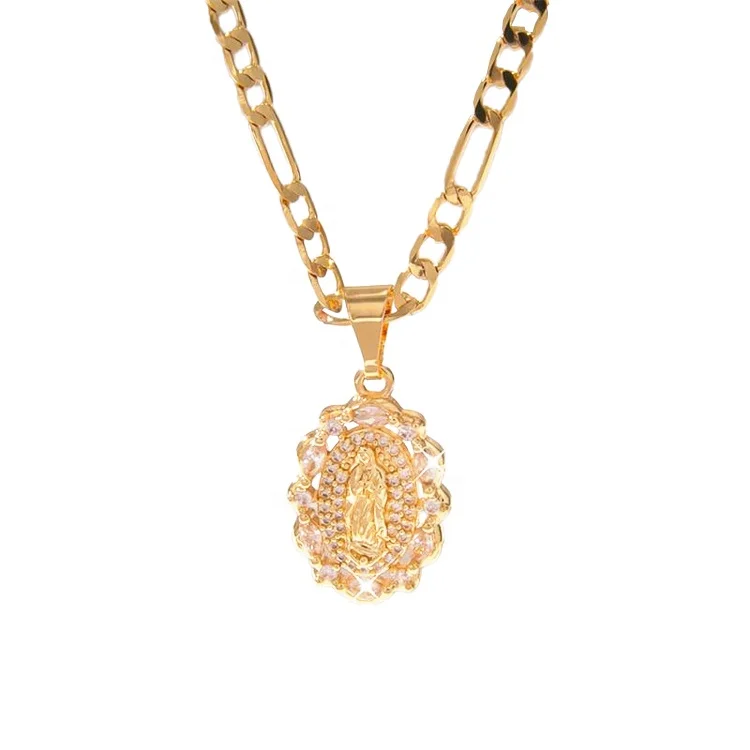 New Products Fashion Jewelry 14K Gold Plated Virgin Mary Saint Pendant CZ Zirconia Stone Religious Pendants Necklace
