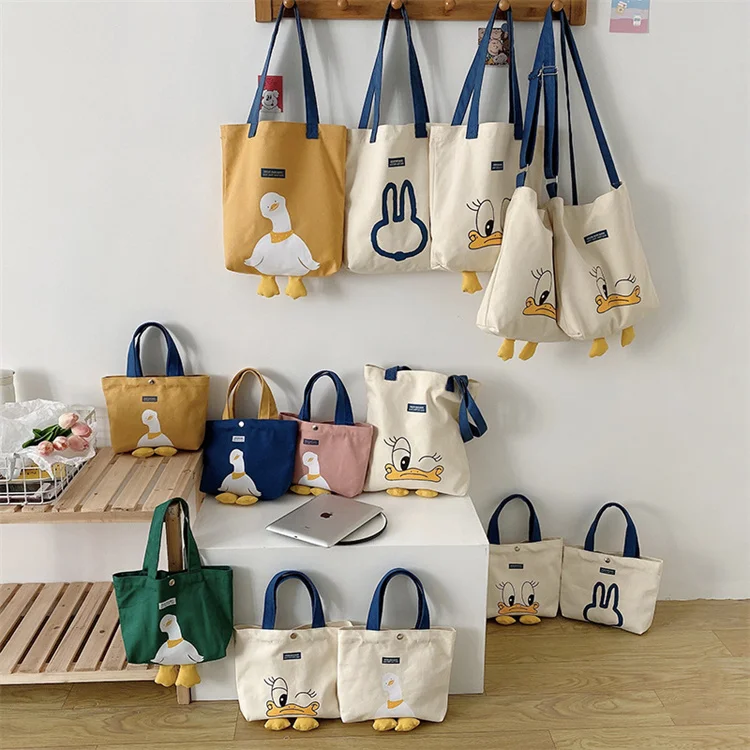 Custom New Versatile Shopping Bag Cute Duck Cotton Canvas Leisure Hand Bag Ins Shoulder Tote Bag with Custom Printed Logo