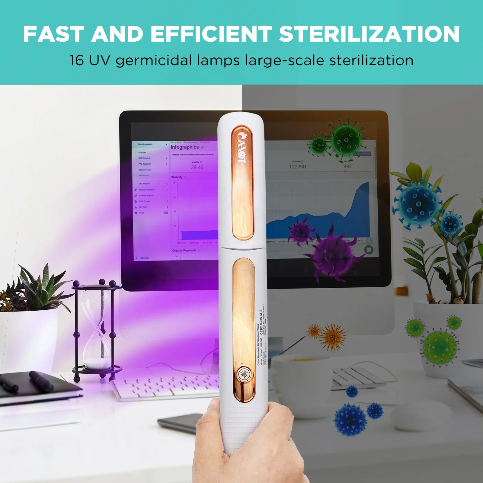 Hot Selling Portable Smart Gravity Sensor UVC Disinfection Sterilizer Handheld 16 LEDs UV Light Sanitizer Wand