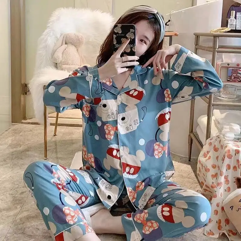 Ins Style Sweet Girl Long Sleeve Pajamas Summer 2 Pcs Sleepwear Suit With Lot Of Printed Patterns